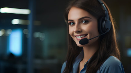 Portrait of happy smiling customer support phone operator in headset, at officeの素材