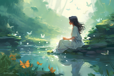 Beautiful woman meditating on a rock by the river. Vector illustrationの素材