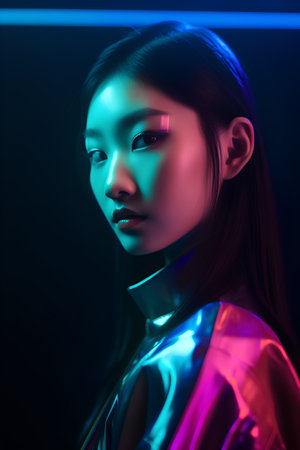Futuristic portrait of a beautiful asian woman in neon light.の素材