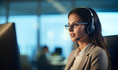 Portrait of beautiful young business woman wearing headset working in office.の素材