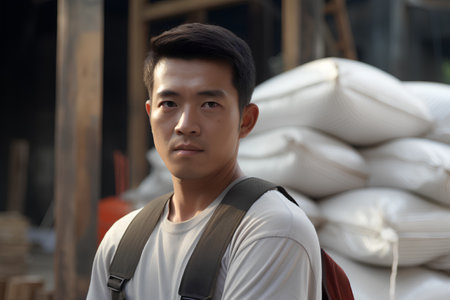 Portrait of asian man standing in warehouse, looking at cameraの素材