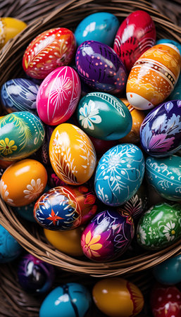 Colorful easter eggs in a basket on a wooden background.の素材