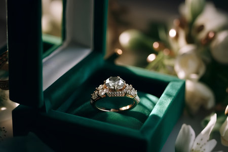 Wedding rings in a green box with flowers on the backgroundの素材
