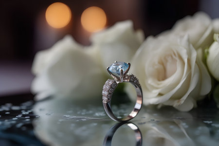 Wedding rings on a table with white roses in the backgroundの素材