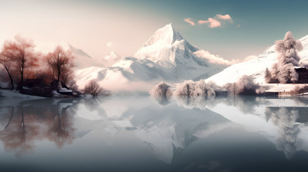 Fantastic winter landscape with snow-capped mountain peaks and lake.の素材