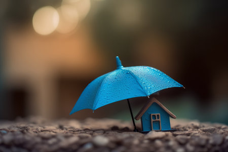 Miniature house with blue umbrella on the sand. Insurance concept.の素材