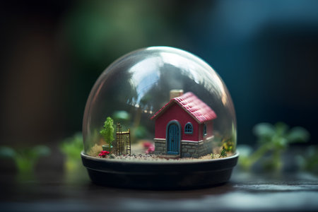 House inside a glass dome on dark background. 3D illustration.の素材