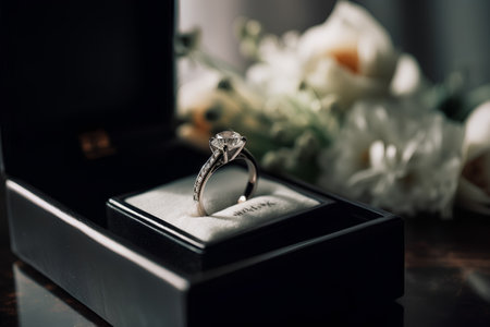 wedding rings in a black box with a bouquet of flowersの素材