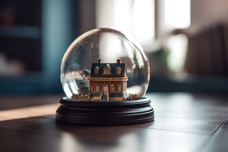 Snow globe with a house inside on the table. 3D renderingの素材