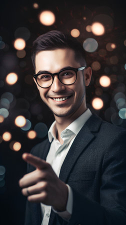 Portrait of a handsome young man in glasses and a suit over bokeh background.の素材
