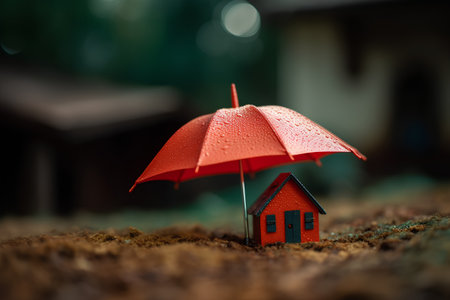 Miniature house with red umbrella on nature background. Insurance concept.の素材