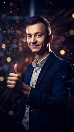 Portrait of a handsome young man in a business suit on a black background.の素材