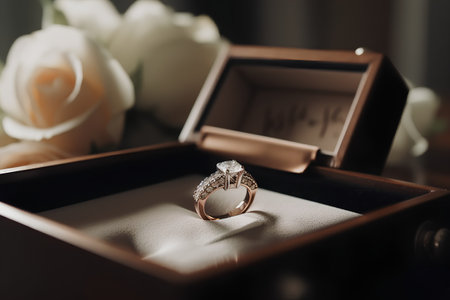 wedding ring in a box with a bouquet of flowersの素材