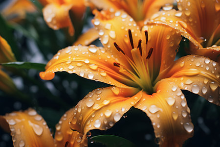 Beautiful orange lily flowers with water drops close-up.の素材