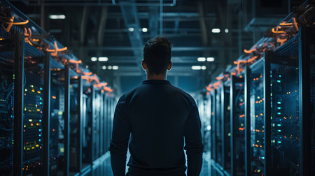 Rear view of a young man standing in a server room. Toned imageの素材