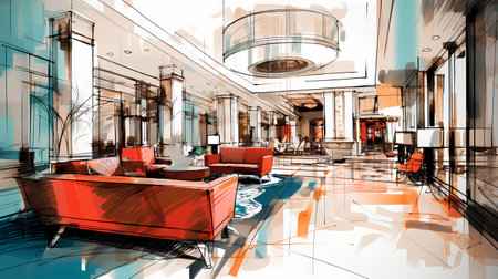 sketch design of interior restaurant,3dwire frame renderの素材