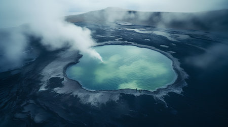 Aerial view of volcanic crater and lake in Kamchatka, Russiaの素材