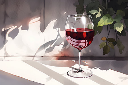 Glass of red wine on the background of the window. Watercolor illustrationの素材
