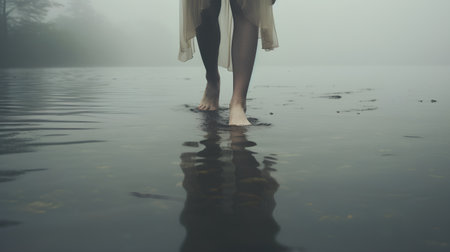 Woman standing in a puddle on a foggy day, rear viewの素材