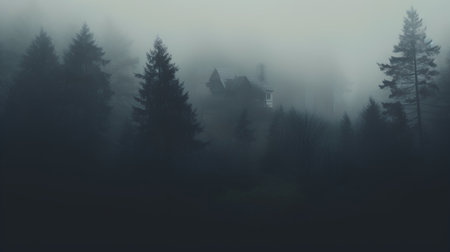 Mystical foggy forest with old wooden house in the middleの素材