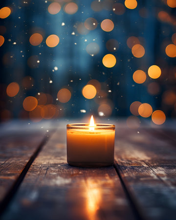 Christmas candle on a wooden background with bokeh and snowflakesの素材