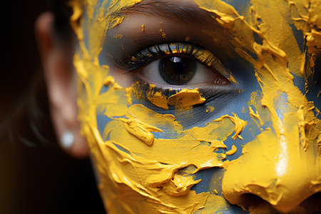 Close-up portrait of a beautiful woman with golden paint on her face.の素材