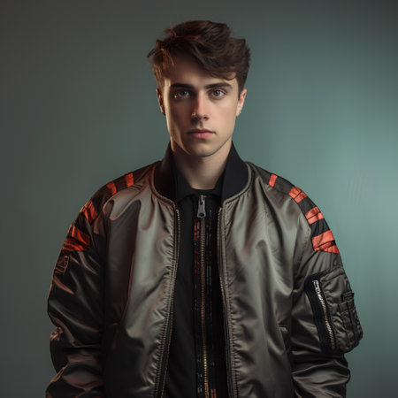 Portrait of handsome young man in leather jacket. Studio shot.の素材