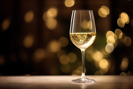 Champagne glass on a wooden table with bokeh background.の素材