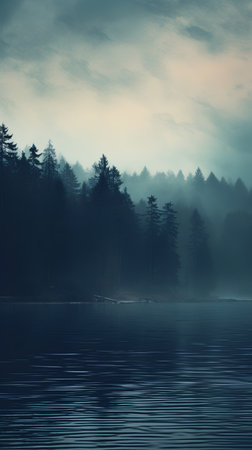 Foggy morning on the lake in the forest. Dramatic scene.の素材
