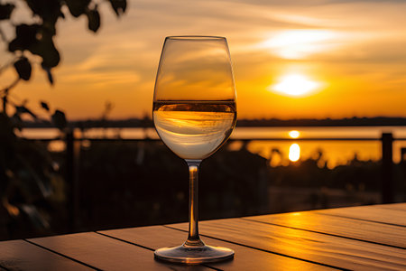 Glass of white wine on a wooden table against the background of the sunsetの素材