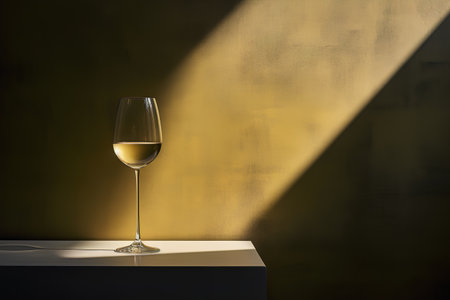 Glass of white wine on a dark background with a beam of lightの素材