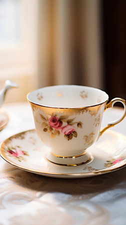 Vintage porcelain tea cup with saucer on the tableの素材