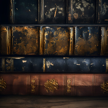 Stack of old books on wooden table. Vintage background. Toned.の素材