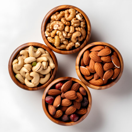 Assorted nuts in wooden bowls on white background. Top view.の素材