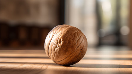 Walnut on a wooden table, close-up, blurred backgroundの素材