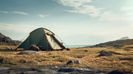 Camping tent on the meadow by the sea. Toned.の素材