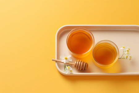 Honey in a glass bowl and honey dipper on yellow backgroundの素材