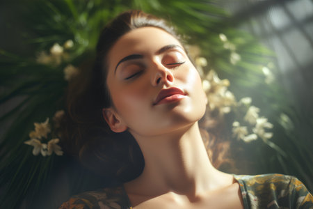 Portrait of a beautiful young woman with closed eyes and closed eyesの素材