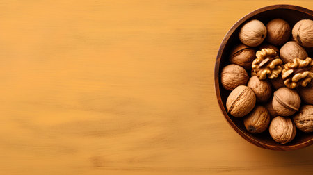 Walnuts in a wooden bowl on a wooden background. Top view.の素材