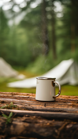 Cup of coffee on a wooden table in the forest with a tent in the backgroundの素材