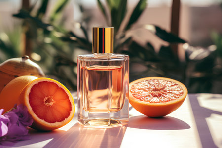 Perfume bottle with grapefruit and orange fruits on sunny backgroundの素材