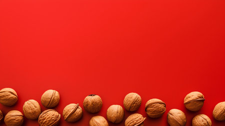 Walnuts on red background. Flat lay, top view, copy spaceの素材