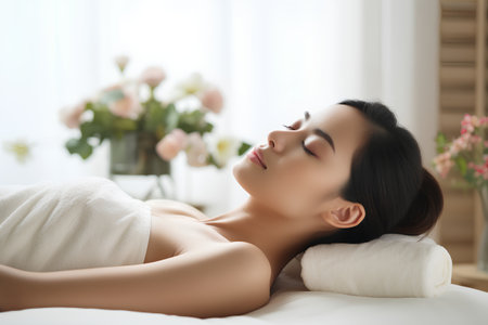 Beautiful young asian woman lying on massage table in spa salon.の素材