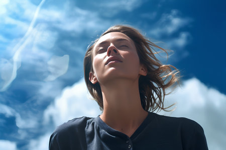 Portrait of a beautiful young woman against a blue sky with cloudsの素材