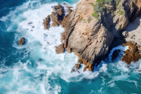 Aerial view of beautiful seascape with blue ocean and rocky cliffs. Drone photography.の素材
