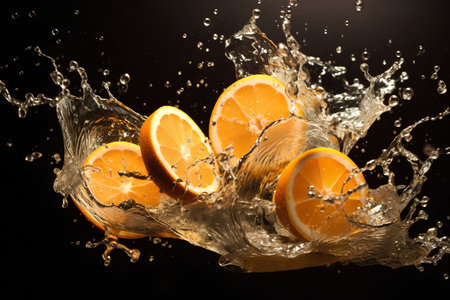 Fresh orange fruit with water splash isolated on black background. 3d renderingの素材