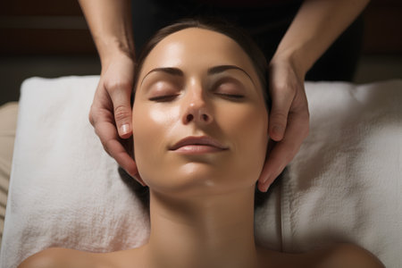 Beautiful young woman having a facial massage in a spa salon.の素材