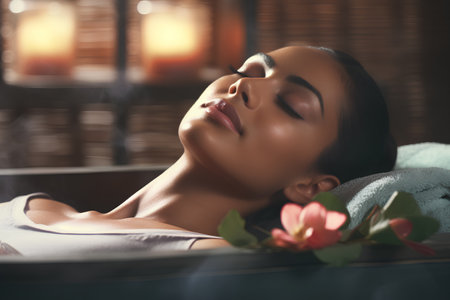 Portrait of a beautiful young woman relaxing in a spa salon.の素材