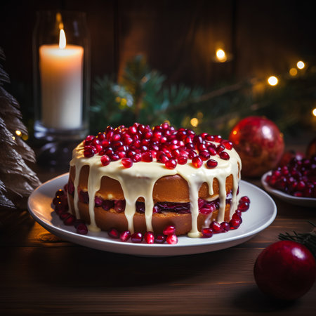 Christmas cake with pomegranate and glaze on wooden backgroundの素材