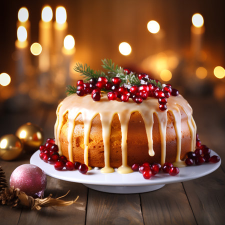 Christmas cake with pomegranate and cinnamon on a wooden backgroundの素材